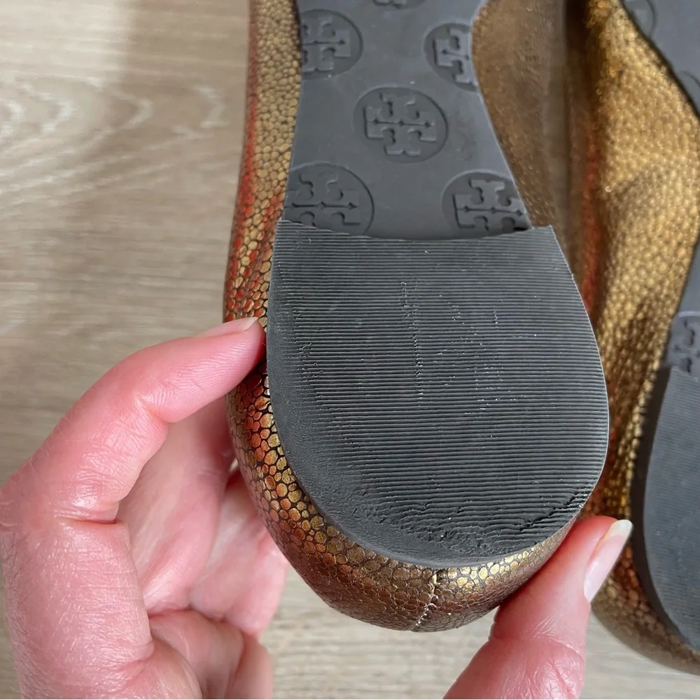 Tory Burch Reva Travel Ballet Flats Bronze Metallic Pebbled Leather Size 7